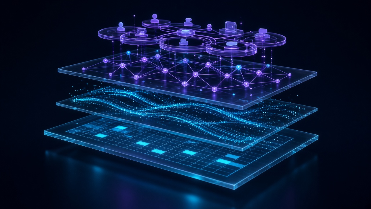 Layered data foundation rising into an agentic control plane